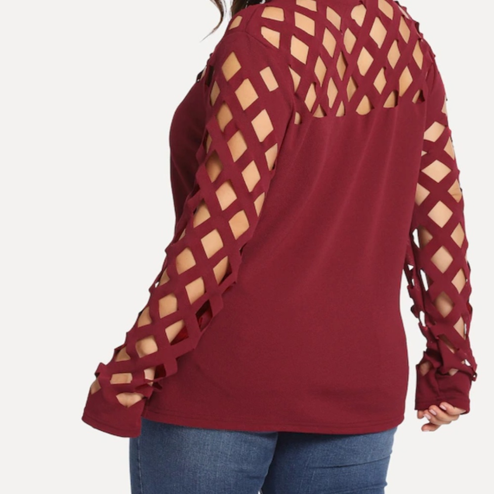 BRAND NEW sexy mock neck geo cutout deep red top